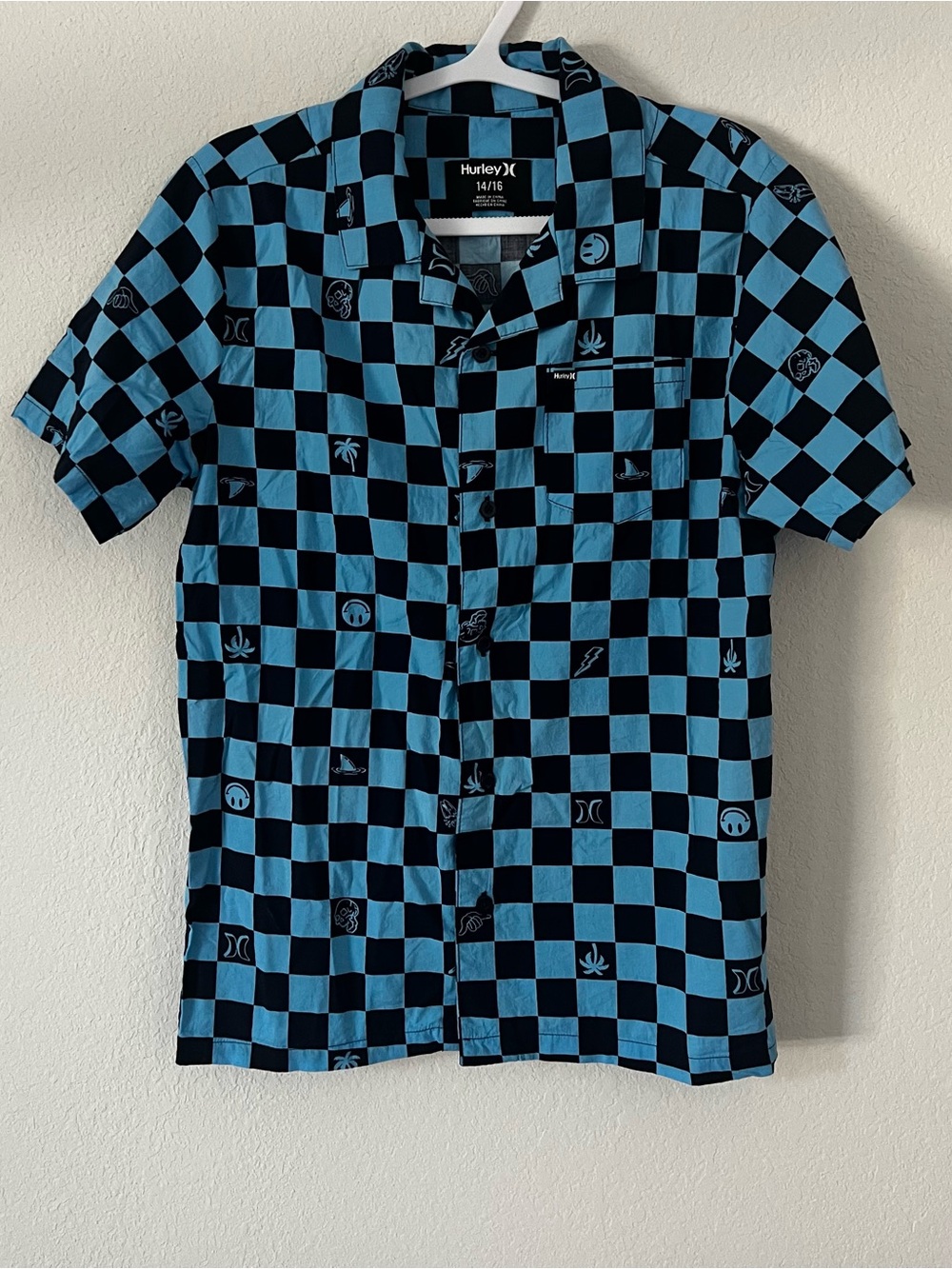 Kids Hurley Blue & Black Checkered Short Sleeve Button-Up Sz 14-16